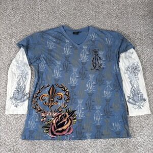 Christian Audigier Shirt Mens 4XL Blue Fleur De Lis‎ Tattoo Graphic Y2K